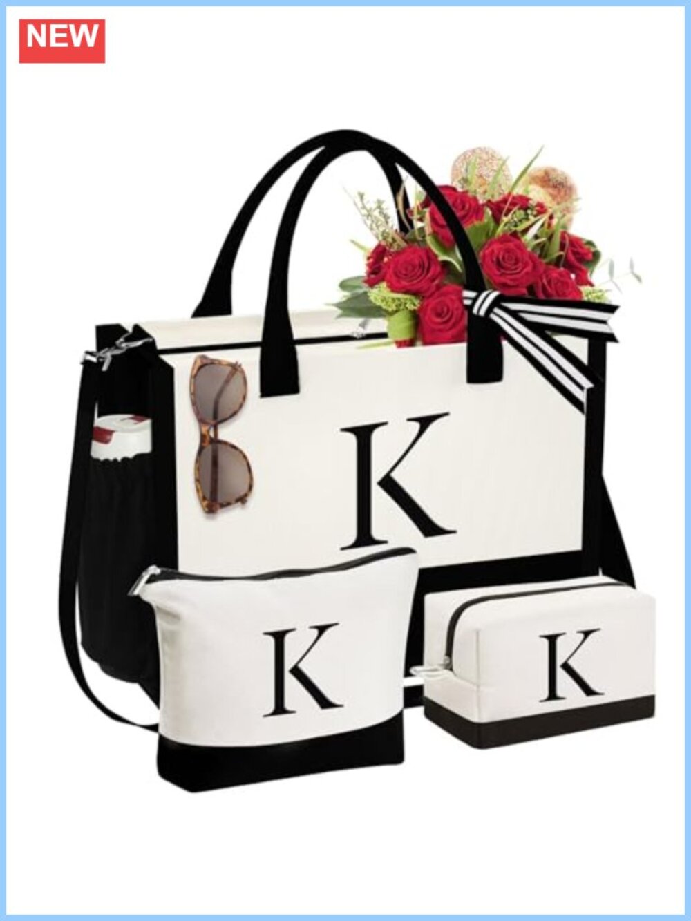 Canvas Tote Bag Set with Makeup Bags Adjustable Strap Zipper